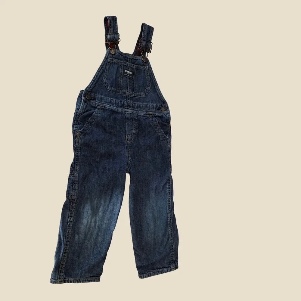 OshKosh Boys Denim Overalls Toddler 3T Blue Flannel Lined Carpenter Dungarees